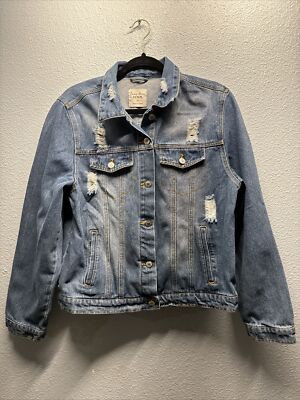 Love Tree Women’s Denim Jacket 2X Distressed Medium Blue Wash