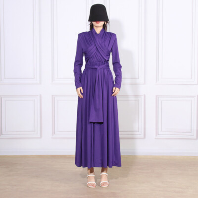 2023 New Women's Long Sleeve Pleated Wrapped Long A-line Dresses Purple  Dresses | eBay