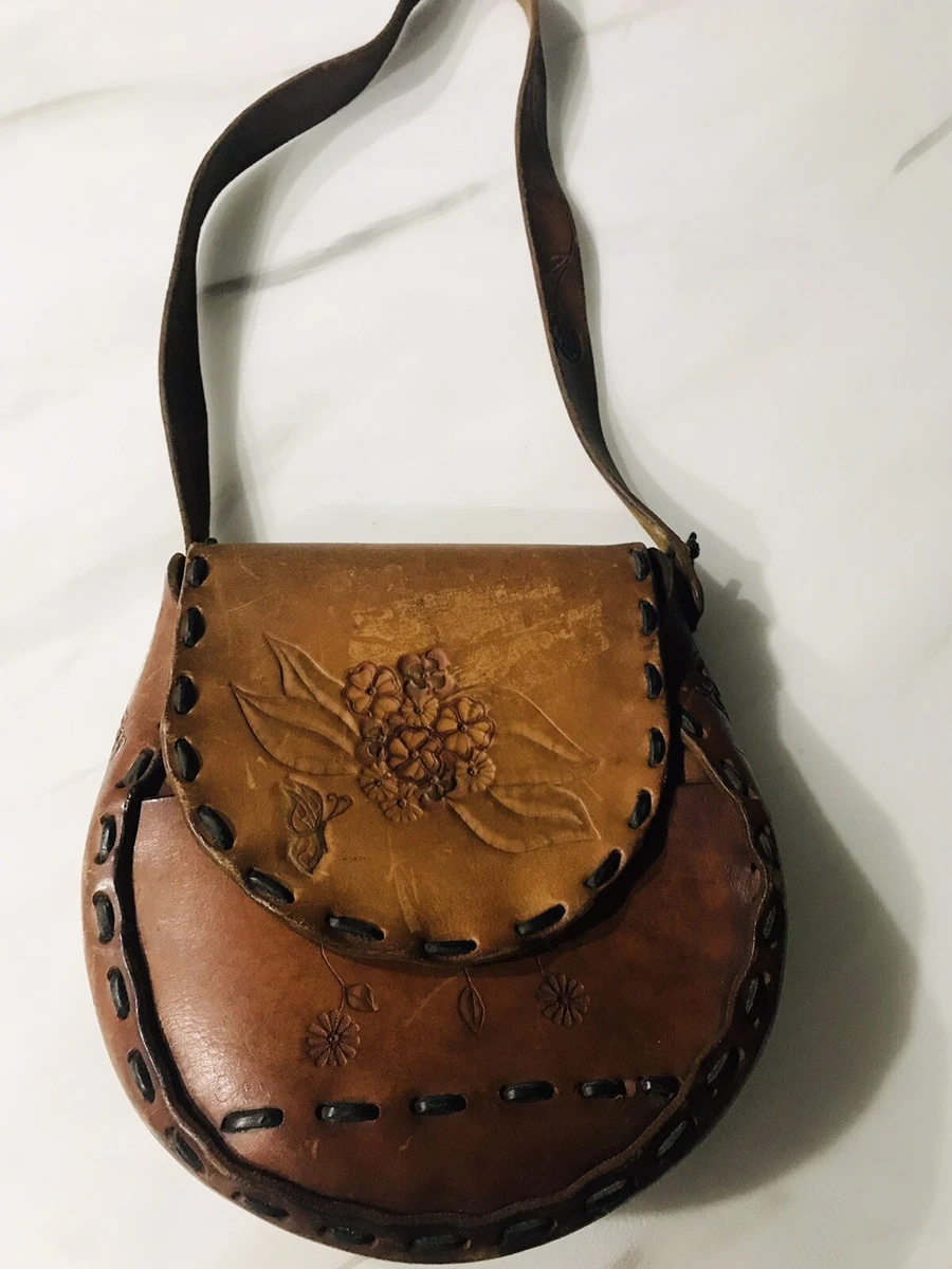 Vintage 70s Tooled Leather Floral Purse