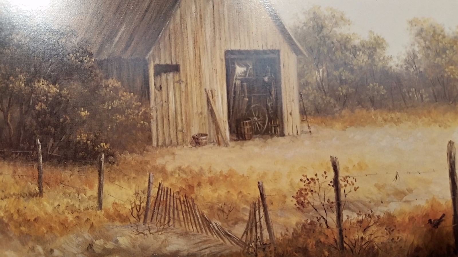 AUTUMNS PAST, Carol Gibson-Sayle, S/N Print, Barn Trees Raccoon | eBay