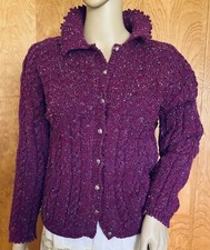 Womens Vtg Wool Cardigan Button Front Hip Length Purple Handmade S M