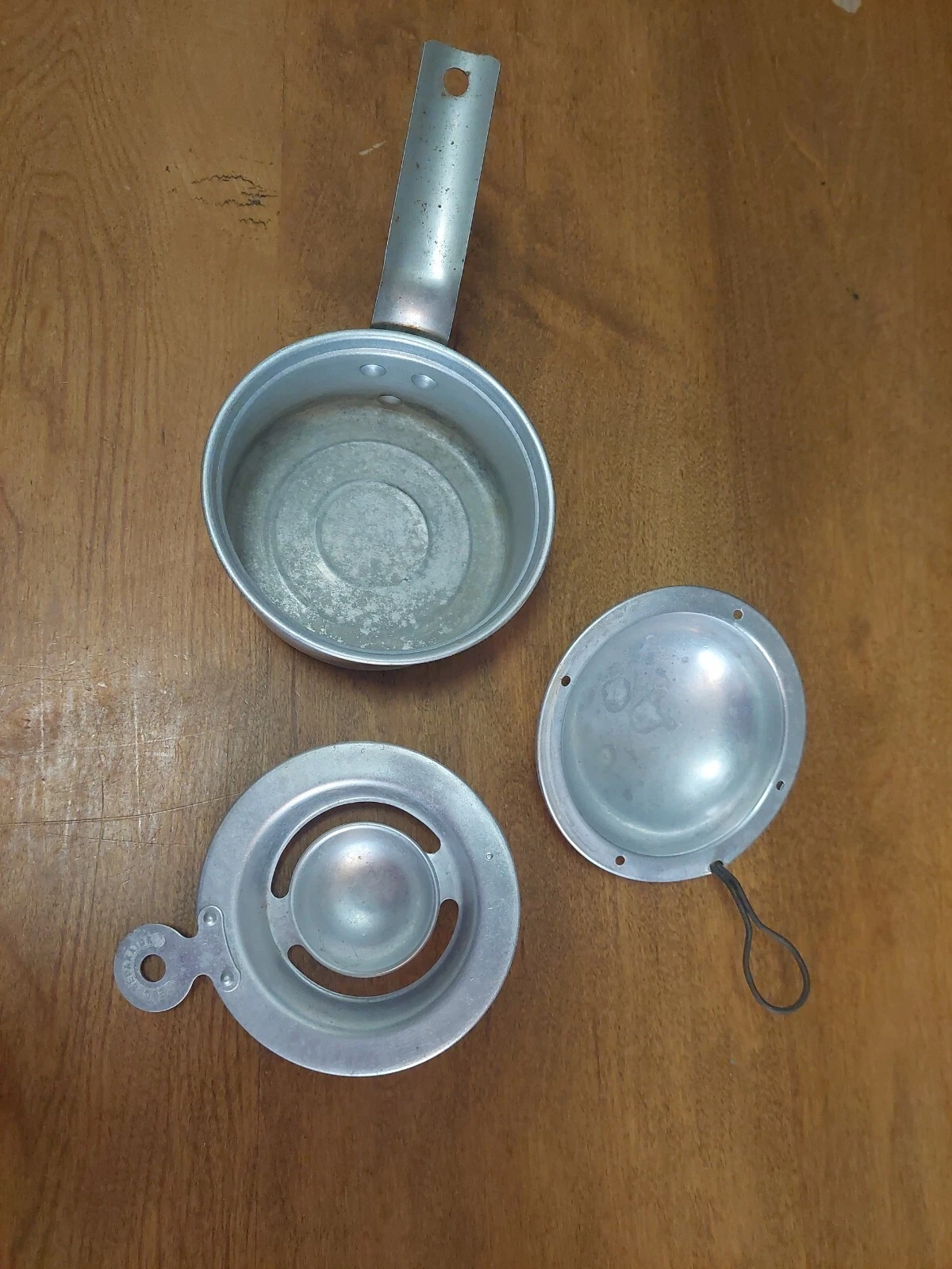 3 pc Vintage Egg Separator Aluminum Metal Scoop + Miniature Pot Pan