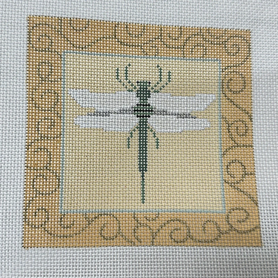 Green Dragonfly with Yellow Border Handpainted Needlepoint Canvas JP Designs - Image 3 of 4