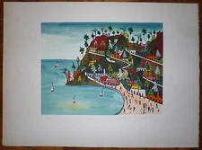 Prefect Duffaut Lithograph Signed Haitian Naive Art Port au Princes Imaginary