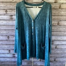LOGO Lori Goldstein Women's Long-Sleeved Button-Down Top Size M Teal Pockets