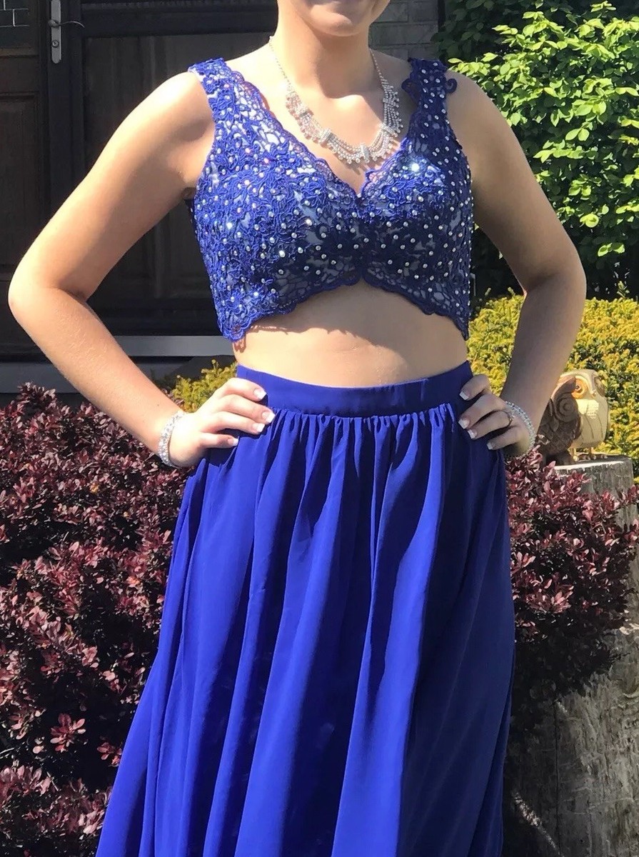 2 piece beaded prom dress High Neck Sleeveless Keyhole Back Tulle Beaded Long Two Piece Prom Dre main image 1