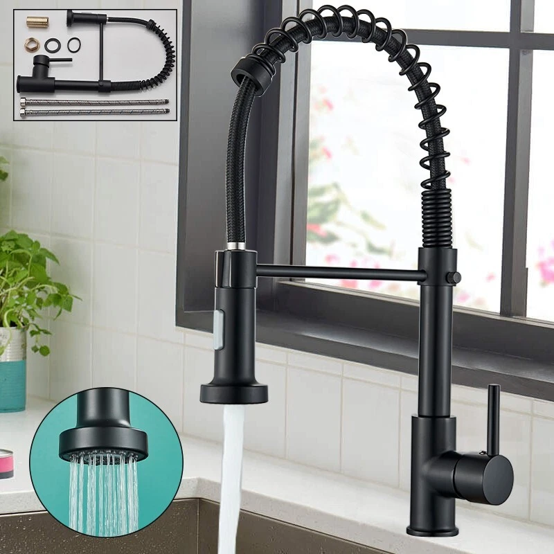 Modern Black Kitchen Sink Mixer Taps Mono 360 Swivel Pull Out Spray Brass Tap