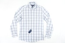CLUB ROOM WINDOWPANE LIGHT BLUE MEDIUM SLIM STRETCH BUTTON FRONT SHIRT MENS NEW