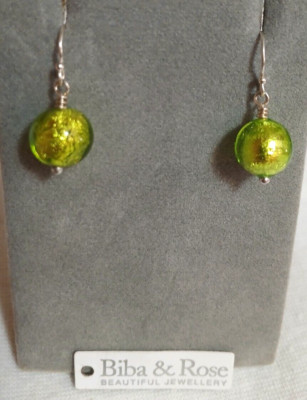 Sterling Silver Biba and Rose light green iridescent glass10mm ball earrings