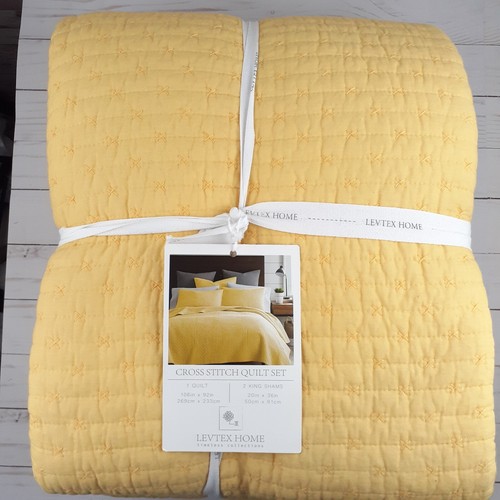 Levtex Home King Quilt Set Cross Stitch Yellow 3 Piece - Picture 2 of 3