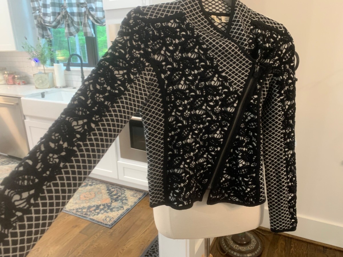 Anthropologie Moth Jacket Women XS Black Jacquard Asymmetrical Moto Zip Lace