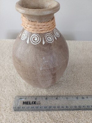 Erandi Rustic Mexican Pottery BROWN Vase W/Rope Hieroglyphs Water Jug? 7 1/2'' L
