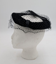 Vintage 50s 60s Women's Half Hat Black Velvet Bow Sheer Crown Mesh Detail MCM