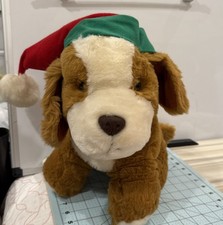 LEMONWOOD ASIA BROWN WHITE PUPPY DOG IN ELF HAT CHRISTMAS STUFFED ANIMAL