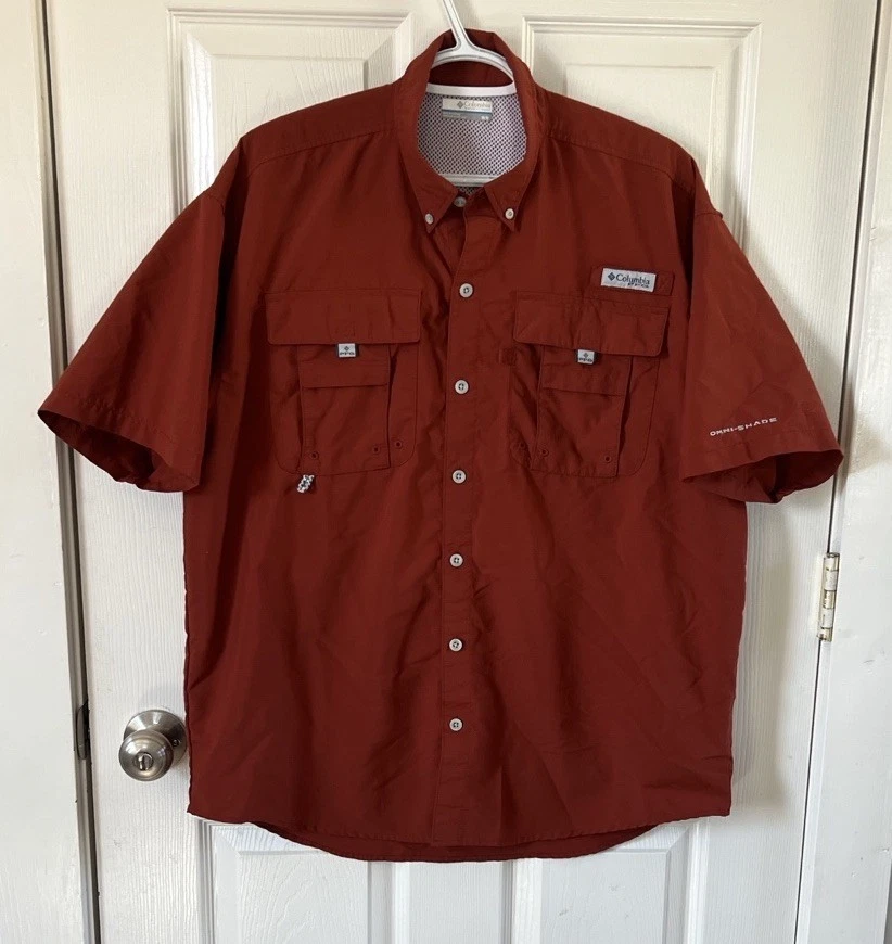 Columbia PFG Men's Short-Sleeve Button-Down Fishing Shirt in Rust Orange Size M