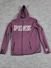 PINK Women's Burgundy Full Zip Hooded Hoodie With Pockets Size Small Thumb Holes