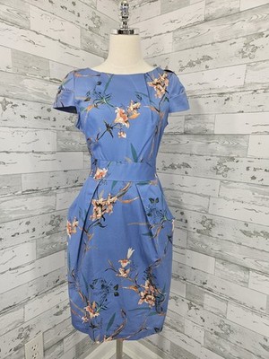 Closet London Blue Floral Tulip Dress Tie Back Side Pockets Women 8