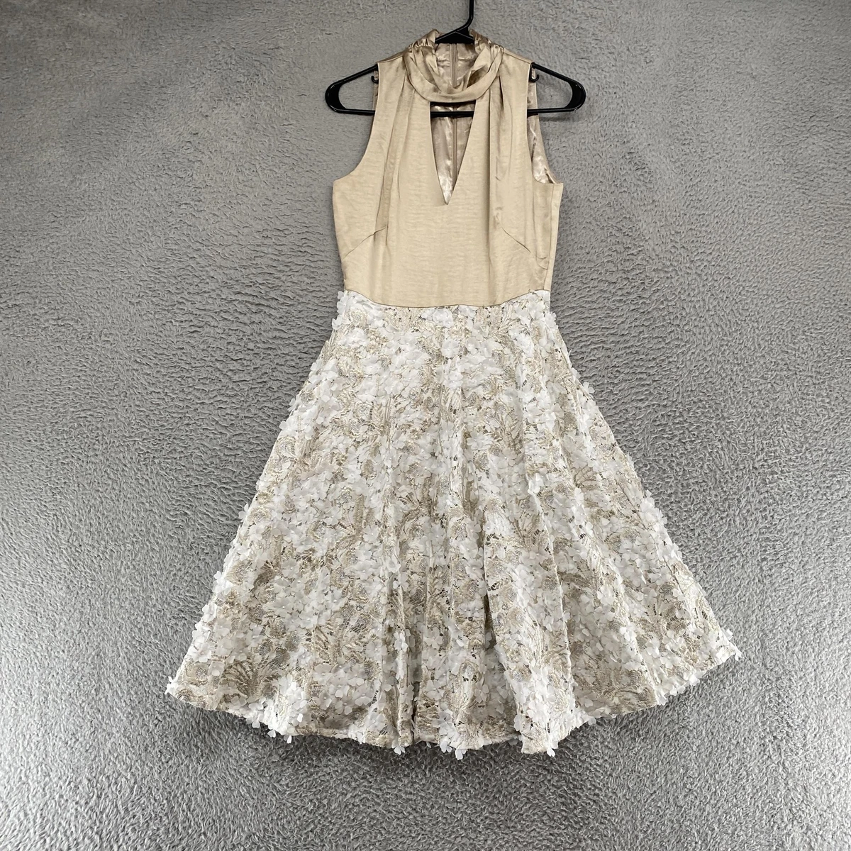 white house black market champagne dress White House Black Market Dress Womens 0 Champagne Floral Lace Midi Fit  Flare