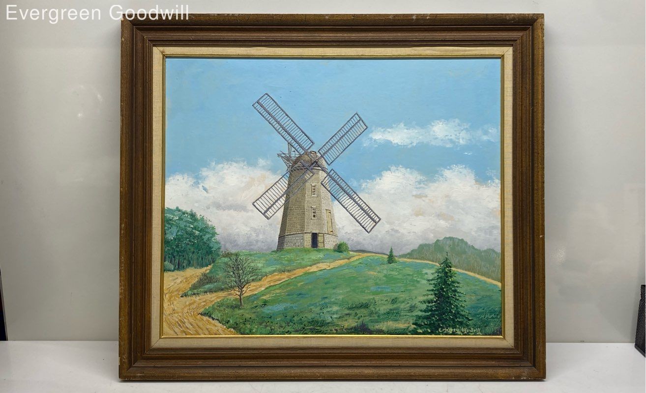 Framed Signed Painting of a Windmill