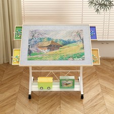 1500 Piece Puzzle Table White Wooden with Drawer Adjustable Height 360 Tilt