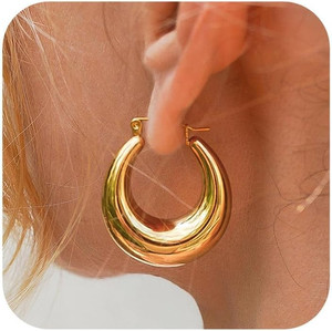 Authentic Chunky Gold Hoop Earrings for Women Non Tarnish, 14K Gold Plated Thick Triple Ho