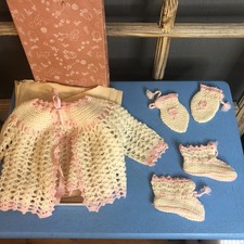 Set of Vintage Hand Knitted Baby Coat, Gloves, Booties Pink White
