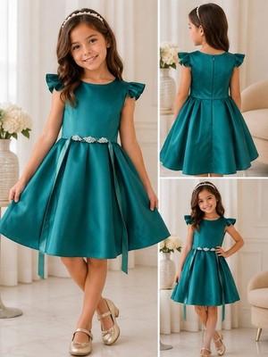David Charles Girls Teal Satin A-Line Dress Size 12 YRS Beaded Formal Party