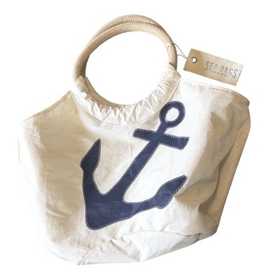 Sea Bags Maine Recycled Sailcloth Tote Bag Navy Blue Anchor White Rope Handle