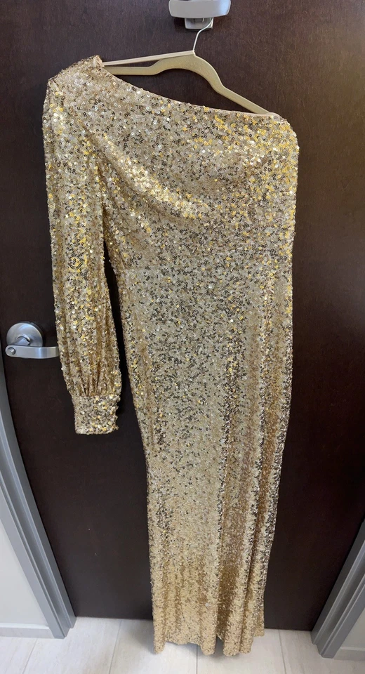 Mac Duggal Sequined One Shoulder Bishop Sleeve Trumpet Gown Gold Women's Size 8 - Image 4 of 4