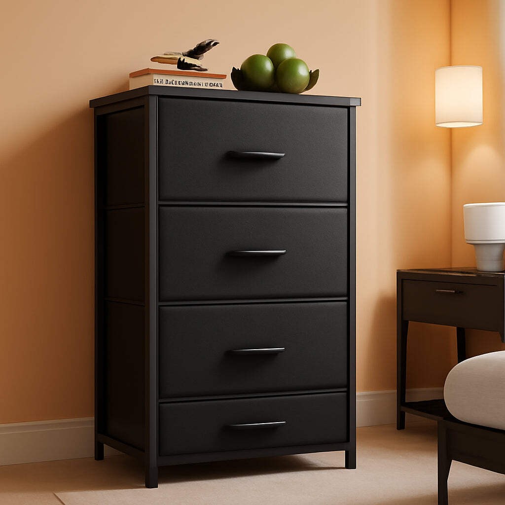 Black Textured Fabric Dresser With Four Deep Drawers Black Textured Fabric Dresser With Four Deep Drawers