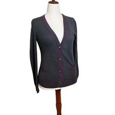 Theory Chelsea B cardigan sweater grey cashmere blend pink stripe detail  Sz M