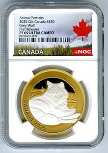 2025 $20 CANADA 1 OZ SILVER PROOF GILT NGC PF69 ANIMAL PORTRAITS GREY WOLF - FR