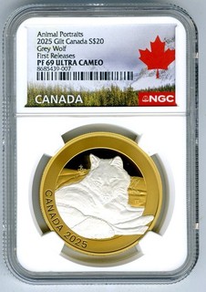 2025 $20 CANADA 1 OZ SILVER PROOF GILT NGC PF69 ANIMAL PORTRAITS GREY WOLF FR