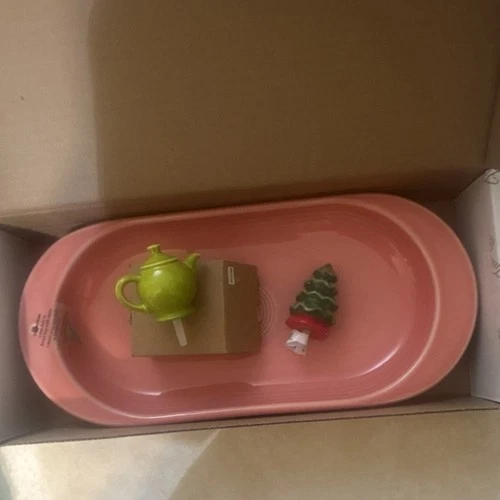 Fiesta Nora Fleming Pink Ceramic Bread Tray Set w/ Teapot & Christmas Tree