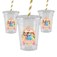 Disney Princess 16oz Personalized Party Cups Set of 12 with Lids & Paper Straws