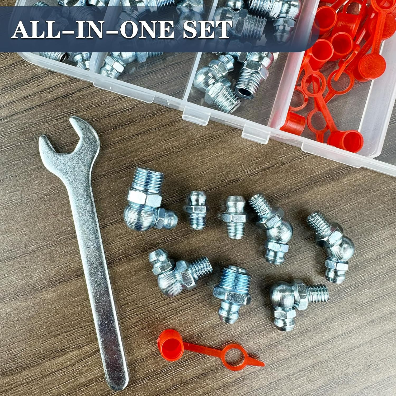 1/8"-27 SAE Grease Fittings - 41PCS Zerk Fittings Kit with Caps and Wrench Strai