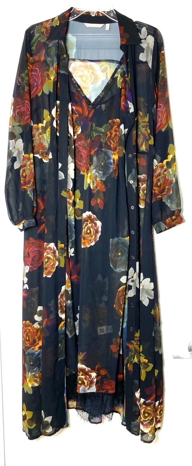 Soft Surroundings 2pc Black Floral Button Down Shirt Maxi + Slip Dress M = 10/12
