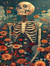 Skelton in Field of Flowers 5D Diamond Full Drill Dot Gem Art Painting Kit Skull