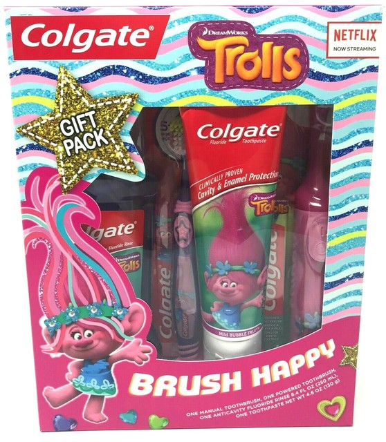 Trolls Colgate Brush Happy Gift Pack Spinbrush Rinse Paste & Regular