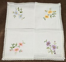 Vintage Flower Handkerchiefs in Four Colors Cotton with Lace Edges Set of 4