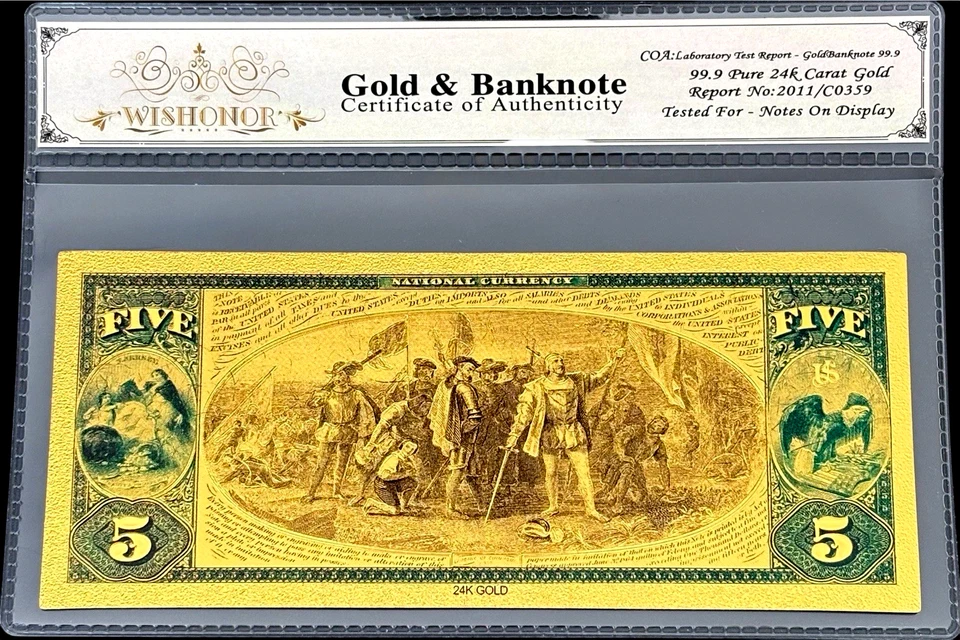 LOT X 5 1875 $5 BILL US BANKNOTES IN PROTECTIVE SLEEVE W COA 99.9% 24K GOLD - Image 3 of 4