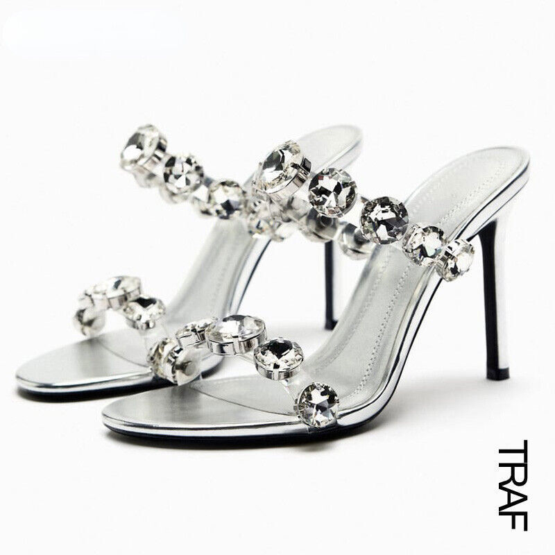 Rhinestone Heeled Mules Sandals for Women Summer Stiletto Ladies