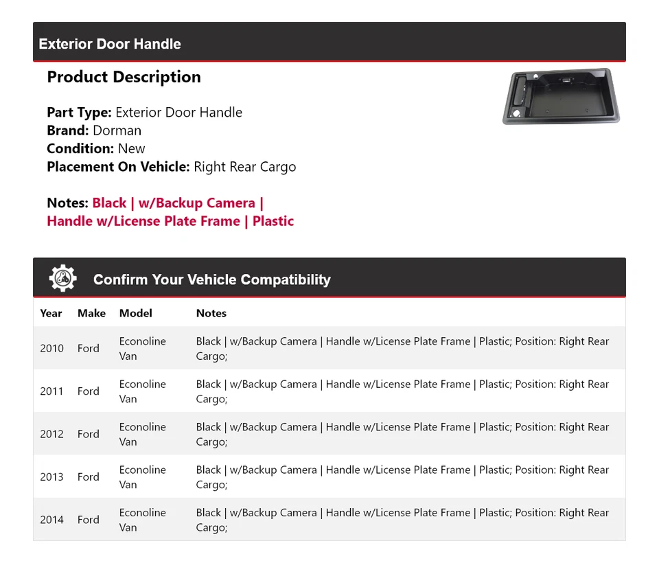 Manija de puerta exterior derecha carga trasera para Ford Econoline Van Dorman 2010-2014 Foto 2 de 4