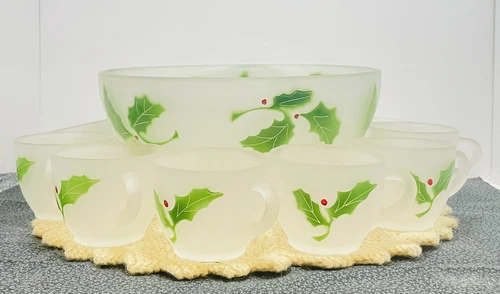 Vintage Federal Glass Frosted Holly Punch Bowl 12 Mugs MCM Retro Holiday 1950s