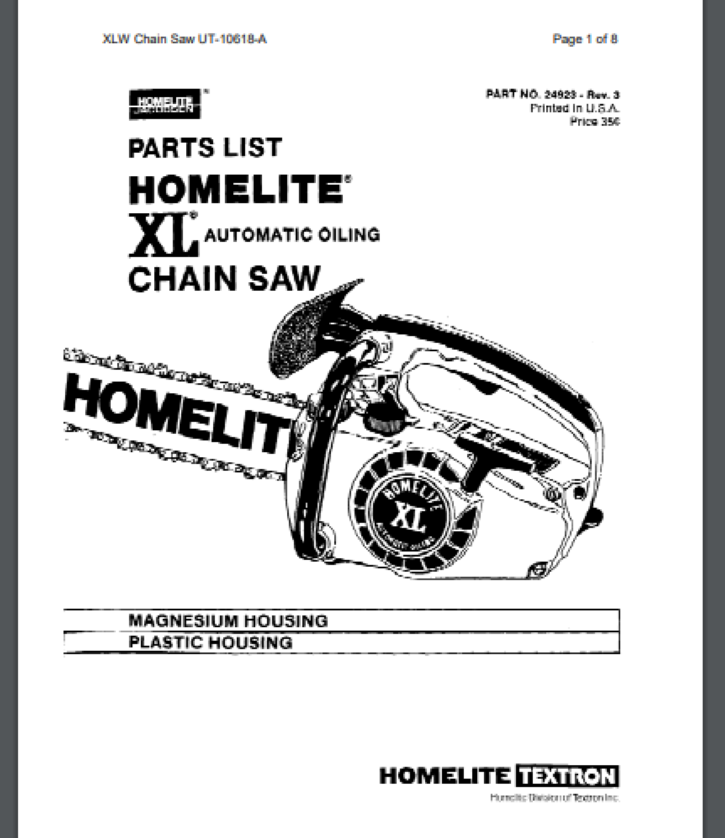 Homelite XL CHAINSAW Illustrated parts list 8 pages XLW Chain Saw