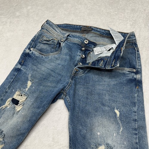 Zara Man Shorts Mens 30 Blue Denim Button Fly Distressed Cut Off Paint Splatter - Picture 2 of 11