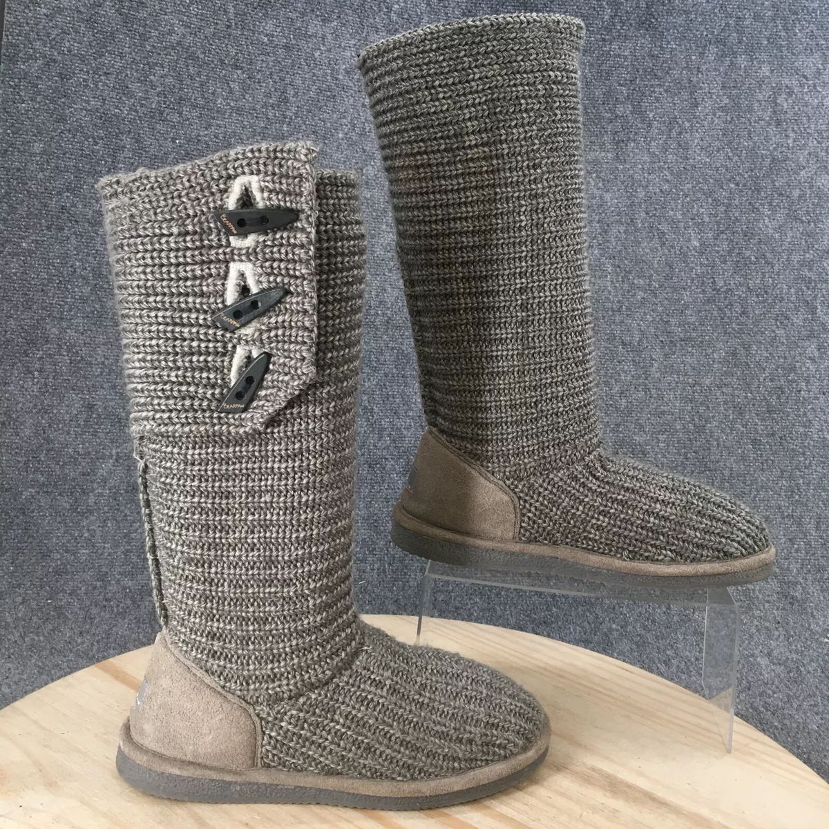 Bearpaw Boots Womens 9 Tall Fold Over Grey Knit Pull On Casual Mid Calf Comfort