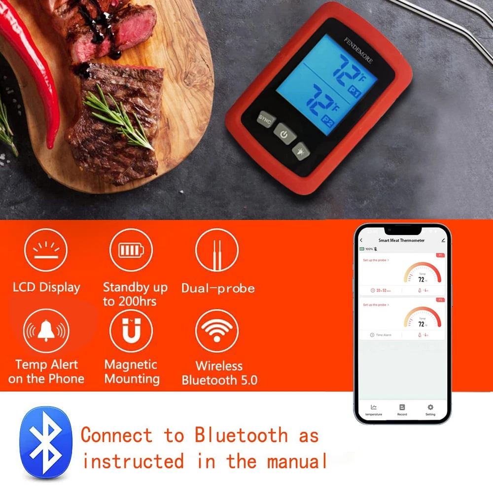 Digital Meat Thermometer Wireless Bluetooth and Instant Read BBQ Thermometer ...