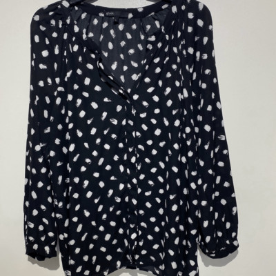Gibson Women's Black White Split Neck Long Sleeve Button Down Blouse Size Large