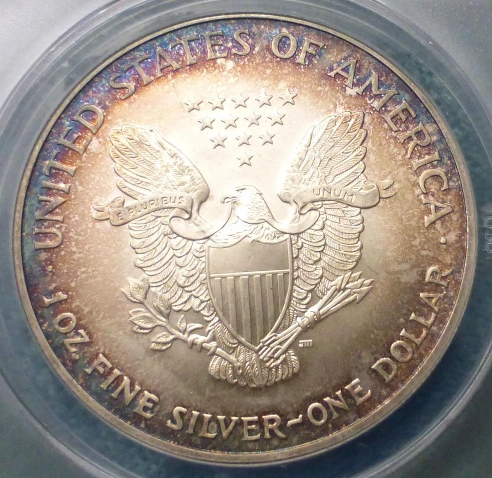 2003 ANACS MS67 Silver Eagle Dollar, 1oz .999 $1, Rainbow Color Tone BLUE, PINK - Image 2 of 4